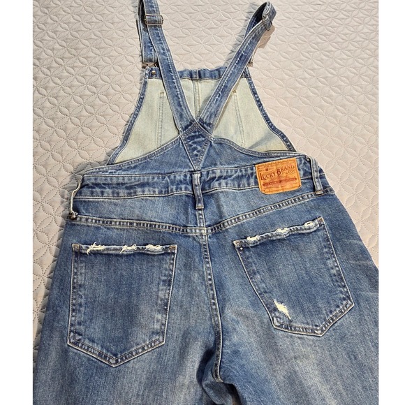 Lucky Brand Distressed Denim Overalls Medium Wash Ripped Straight Leg Blue - Picture 7 of 13